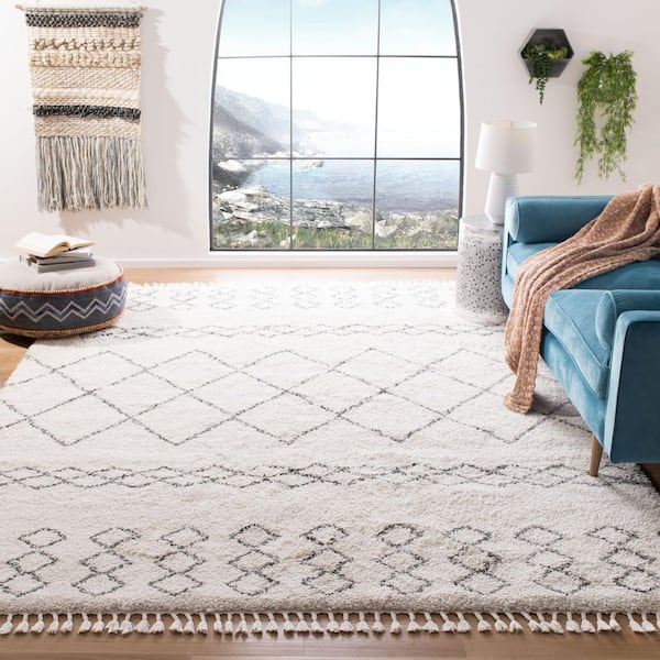 Moroccan Fringe Shag Ivory/Grey 8 ft. x 10 ft. Tribal Striped Diamonds Area Rug