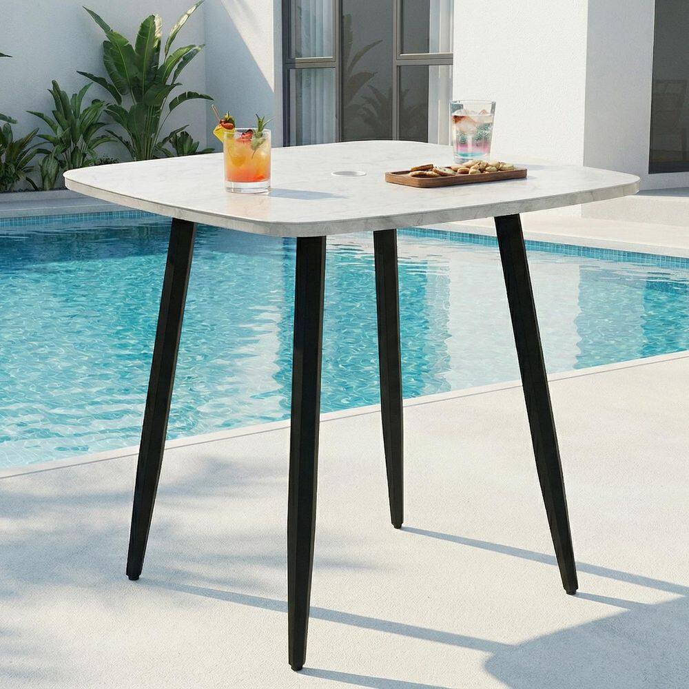 Modern Marble-Look Square Aluminum Bar Height Outdoor Dining Table with Umbrella Hole price history on PriceWatchPro