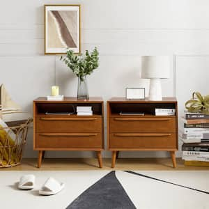 Leslie Mid-Century Modern Acorn 2-Drawer Nightstand with Built-In Outlets (Set of 2)