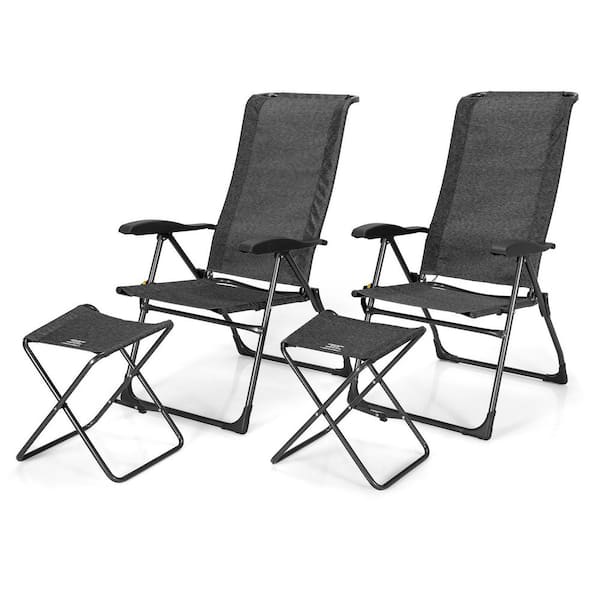 HONEY JOY 4PCS Wicker Outdoor Chaise Lounge Patio Lounge Chair Ottoman Set Camp Chairs w/7-Gear Adjustable Backrest Gray