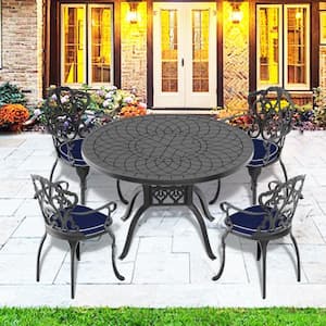 5-Piece Black Cast Aluminum Outdoor Dining Set, Patio Furniture with 47.24 in. Round Table and Random Color Cushions