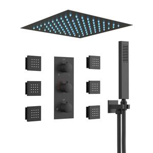 5-Spray Patterns 2.5 GPM With 12 in. Square Ceiling Mount 64 LED Dual Shower Heads in Matte Black