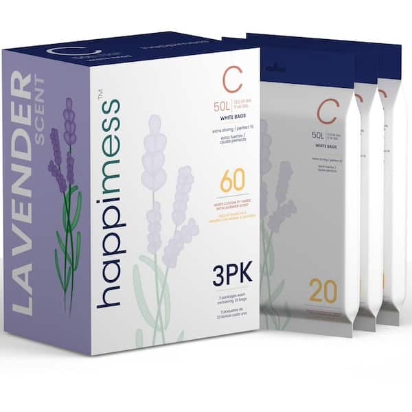 happimess 13.2 Gal. Lavender Scented Drawstring Trash Can Liner, White (60-Count, 3-Packs of 20 Liners)