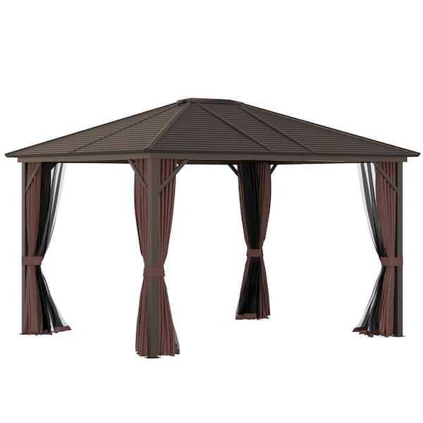 Outsunny 12 ft. x 10 ft. Steel Hardtop Canopy Gazebo with Fully Enclosed Zippered Curtains and Roomy Comfortable Interior, Brown