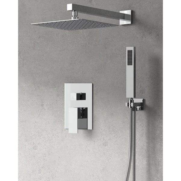 GRANDJOY Pressure Balance Dual 2-Spray Wall Mount 10 in. Fixed and Handheld Shower Head 2.5 GPM in Chrome