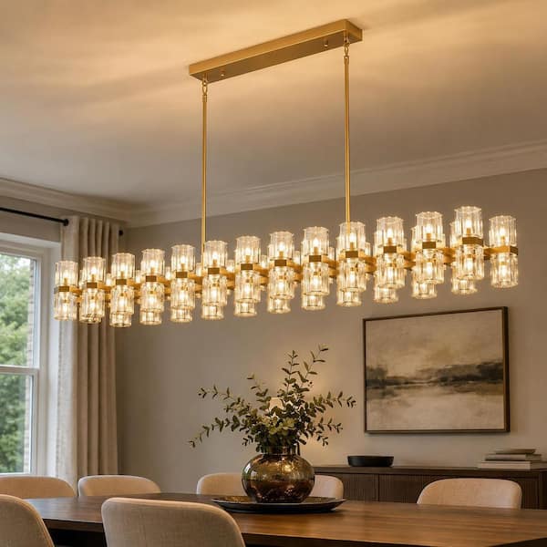 【Novelbright】Chandelier YANSUN 53 in. 60-Light Gold Crystal Rectangular Chandelier for