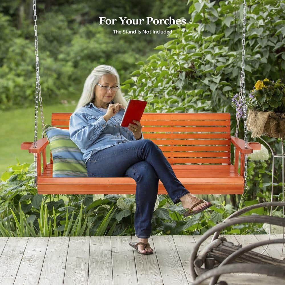 5 ft Brown Pine Wood Porch Swing with Adjustable Chains