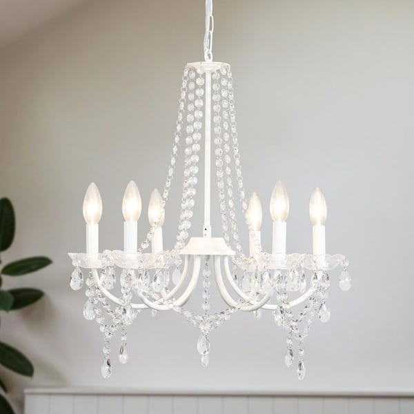 6-Light White Candle-Style Crystal Chandelier Classic Pendant Light