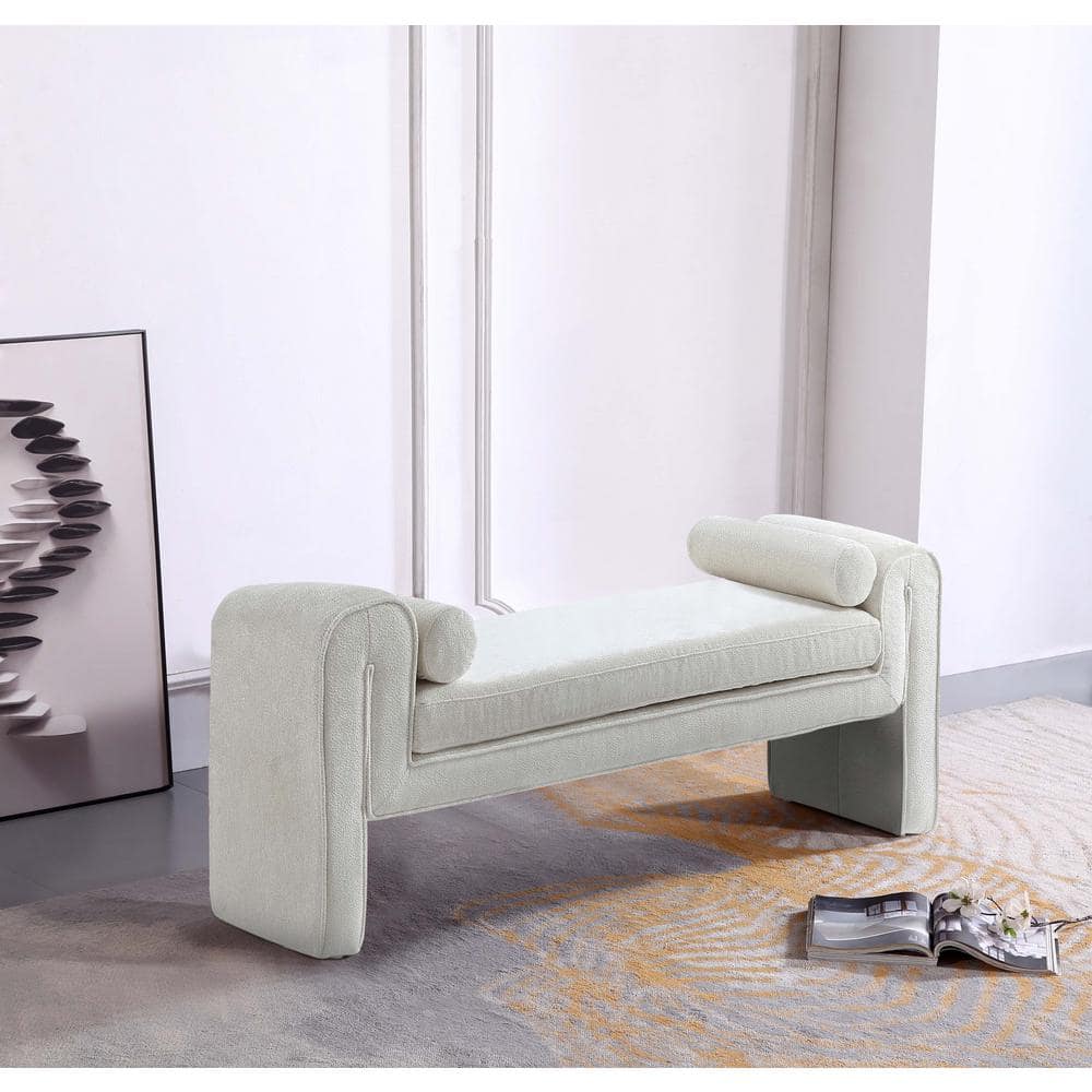 Ivory Chenille Upholstered Bench with Cylinder Pillows, 59"