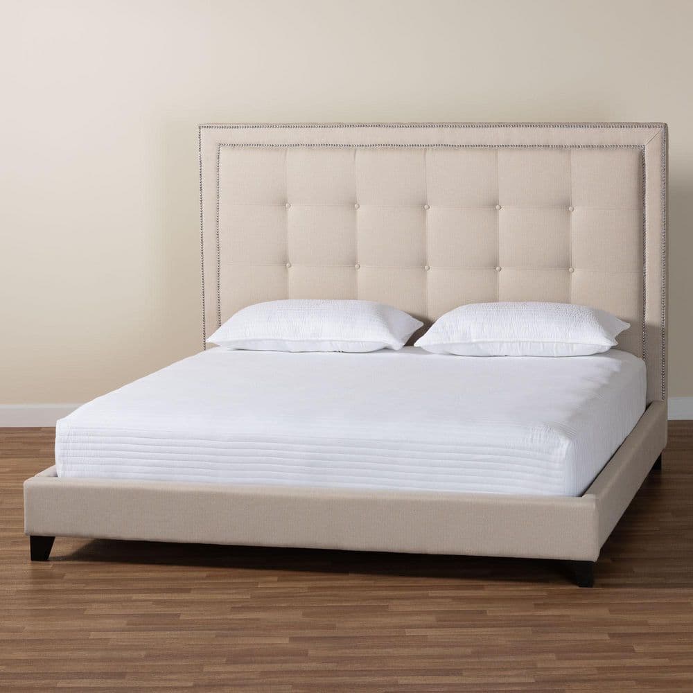 Elegant King-Sized Light Beige Linen Upholstered Bed with Nailhead Trim