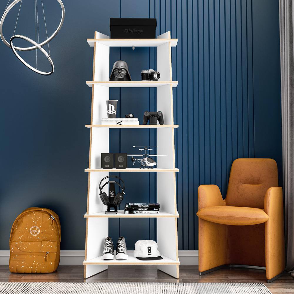 EcoFriendly White and Light Brown Wood Ladder Bookcase with 6 Shelves