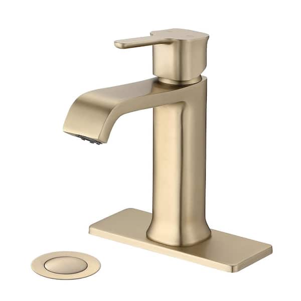 Single Handle Single Hole Bathroom Faucet with Deckplate Included and Pop-Up Drain in Brushed Gold