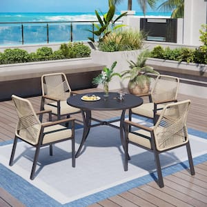 5-Piece Black Metal Patio Outdoor Dining Set with Round Table and Woven Rope Chair with Beige Cushions