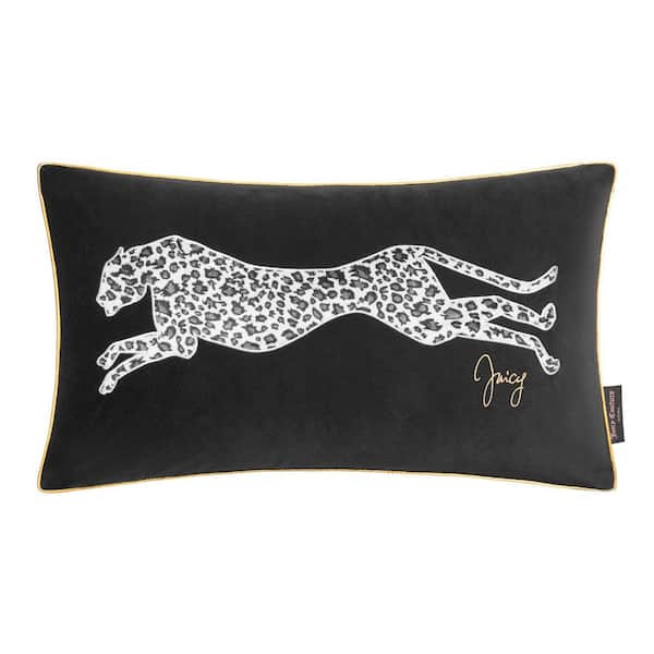 Embroidered Black Velvet Leopard 14 in. x 24 in. Throw Pillow