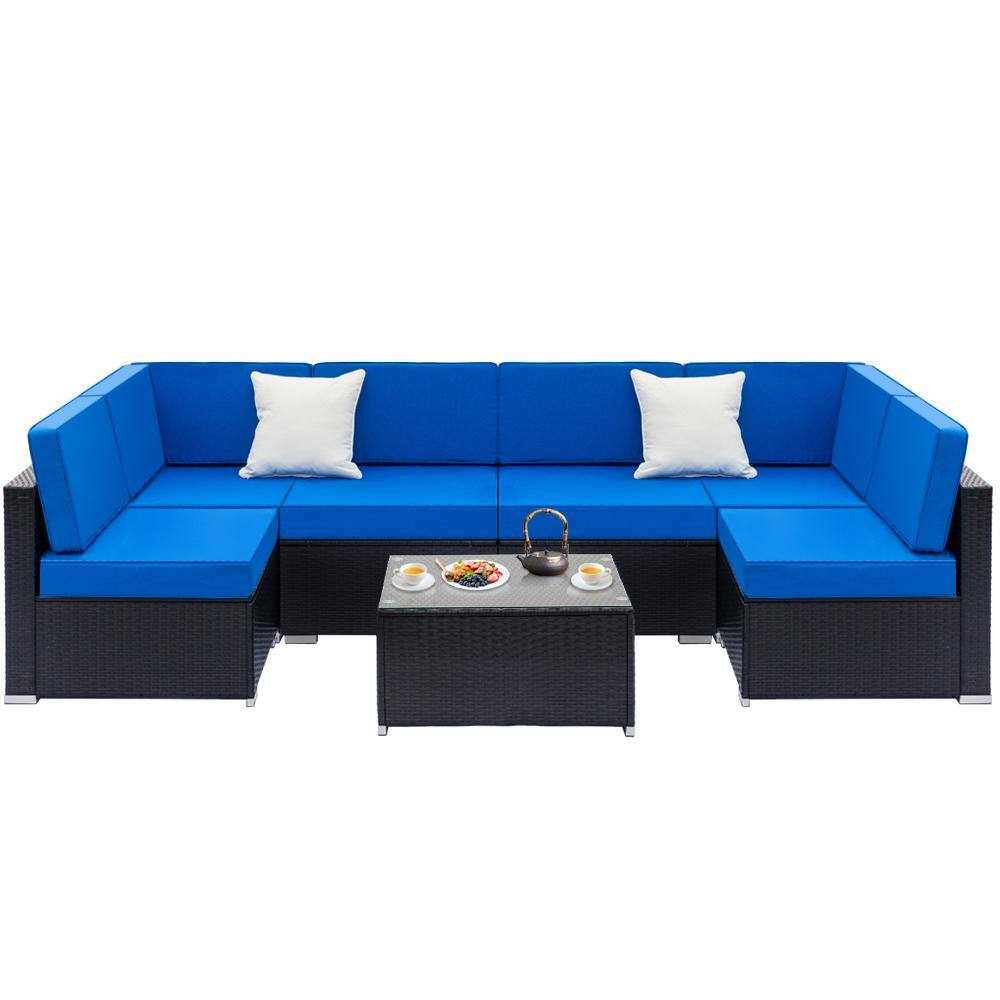 Winado Black 7Piece Wicker Outdoor Sectional Set with Blue Cushions