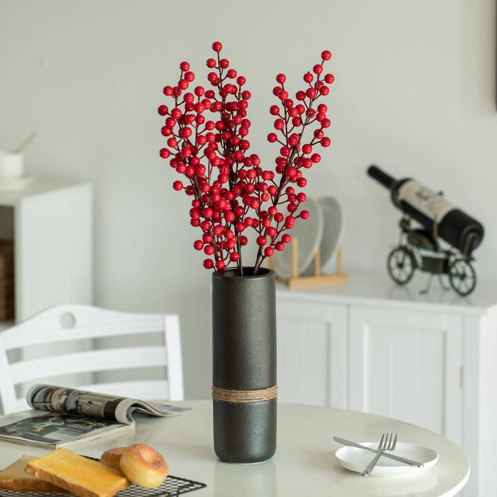 Elegant Cylinder Ceramic Table Vase in Black with Decorative Rope