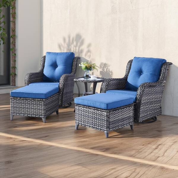 moosprr 5-Piece Gray Wicker Patio Conversation Set with Blue Cushions and Swivel Glider Chairs/Ottomans/Side Table