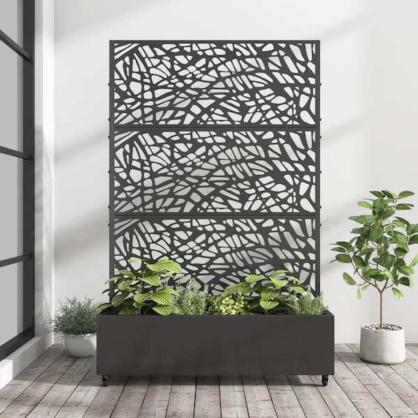 Lirago 72 in. x 47 in. Black Outdoor Metal Privacy Screen Raised Planter Box Wall Decor