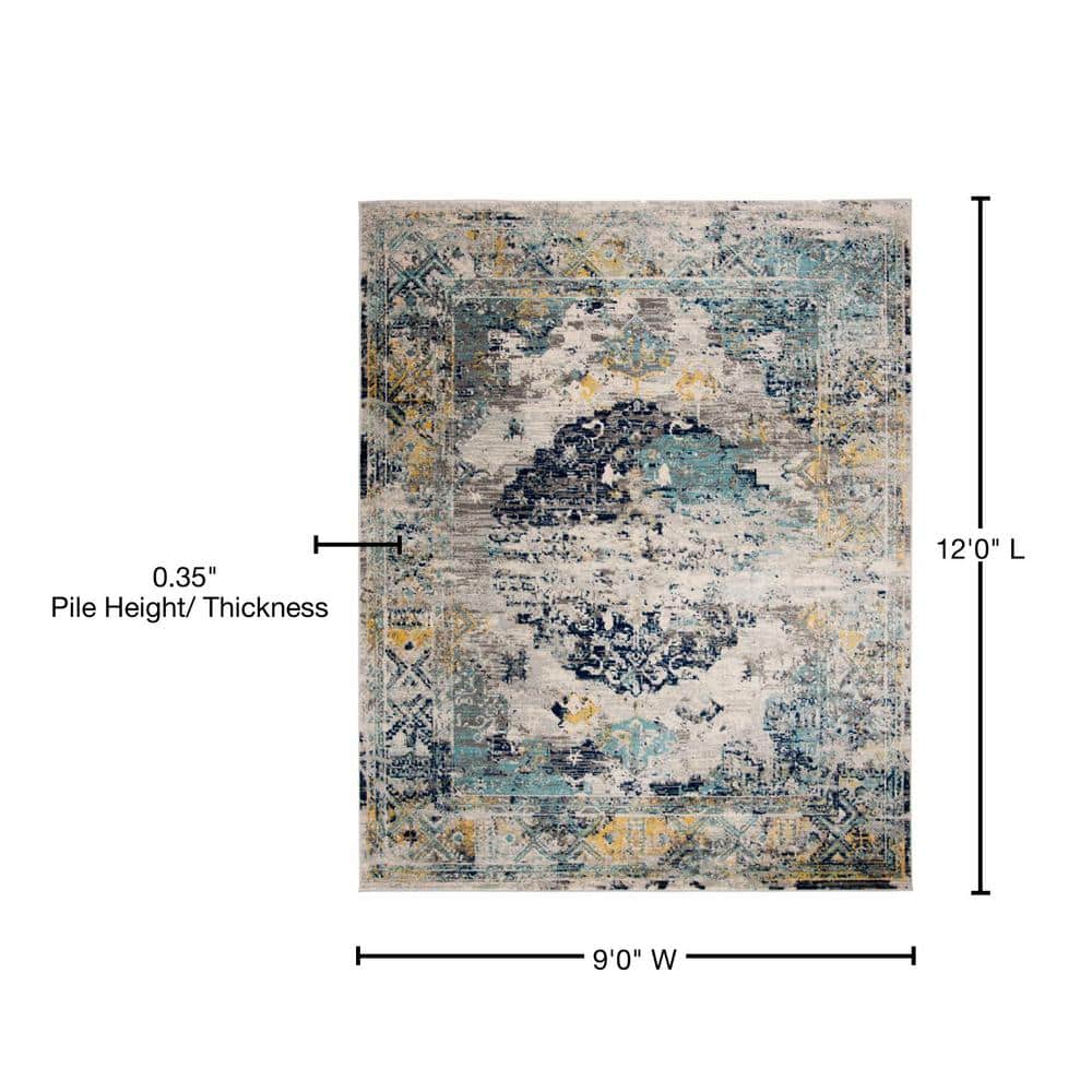Blue and Gray Floral Motif Synthetic 9' x 12' Area Rug