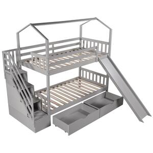 41 in. W Gray Twin Over Twin House Bunk Bed with 2-Drawers and Slide Storage Staircase