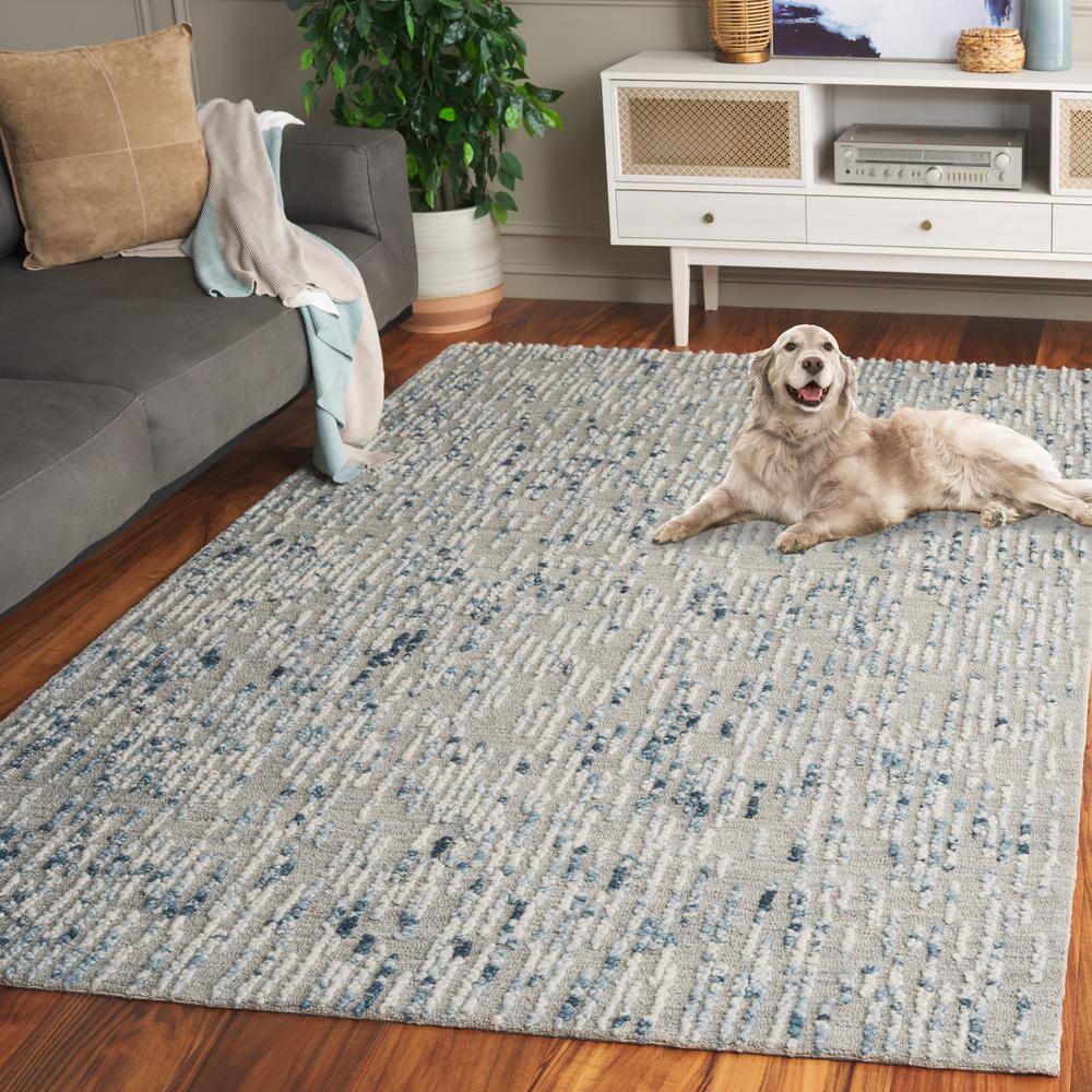 Blue and Gray Abstract Handmade Tufted Wool Rug, 4' x 6'