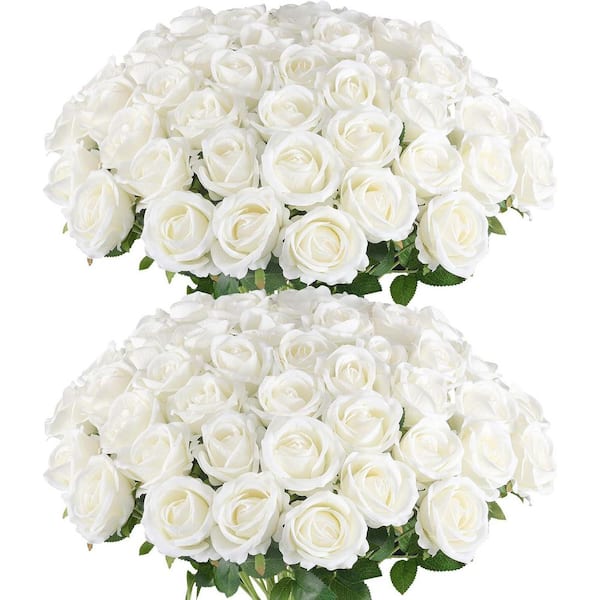 Afoxsos 14 in. H 50 Pieces Artificial Velvet Silk White Roses for Wedding Centerpieces Home Decor