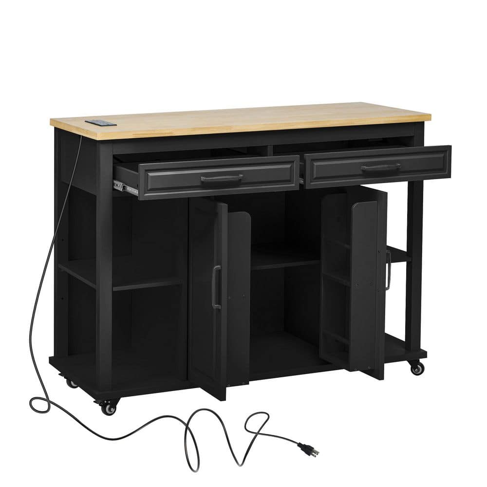 White Kitchen Cart with Extendable Dining Table, Internal Racks, 4 Open Side Shelves, 2-Drawer, Power Outlet - thumbnail 5