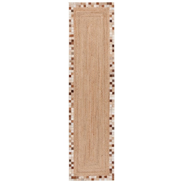Natural Fiber 2 ft. x 9 ft. Natural/Brown Woven Border Runner Rug