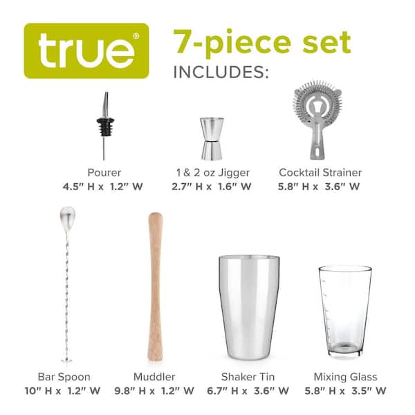 True True Barware Set Cocktail Bar Tools with Cobbler Shaker with Lid,  Double Jigger, Muddler Bar Spoon, Hawthorne Strainer 8175 - The Home Depot