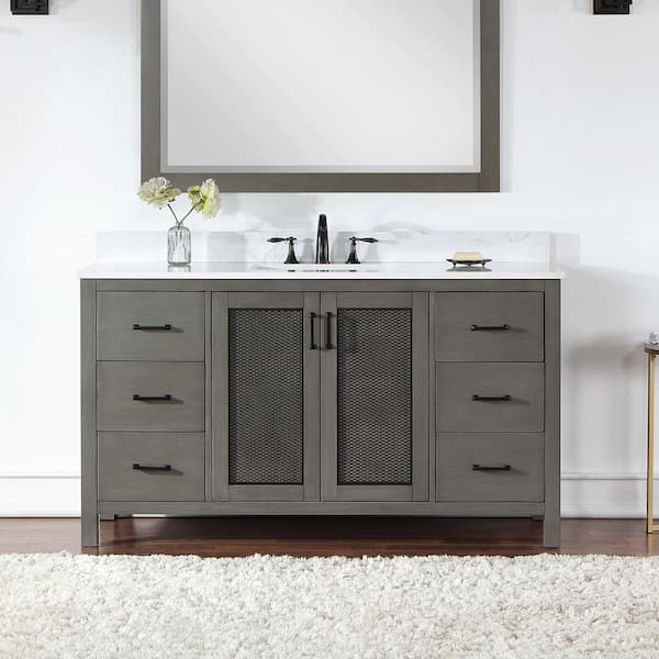 Altair Hadiya 60 in. W x 22 in. D x 34 in. H Bath Vanity in Gray Pine with Carrara White Composite Stone Top