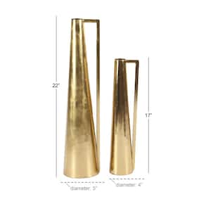 17 in., 22 in. Gold Slim Cone Metal Geometric Decorative Vase with Handles (Set of 2)