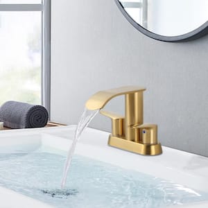 4 in. Centerset Double Handle Waterfall Bathroom Faucet with Drain Kit Included in Brushed Gold