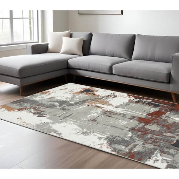 8 ft. x 10 ft.Ivory Gray and Rust Abstract Power Loom Area Rug
