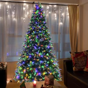 9 ft. Green Pre-Lit Snowy Hinged Artificial Christmas Tree with Multi-Color Lights