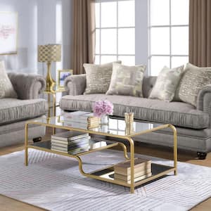 52 in. Gold Rectangle Glass Coffee Table with Shelf