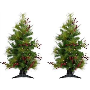 3 ft. Red Berry Mixed Pine Artificial Christmas Tree with LED Lights (Set of 2)