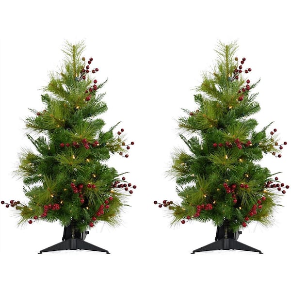 Christmas Time 3 ft. Red Berry Mixed Pine Artificial Christmas Tree with LED Lights (Set of 2)