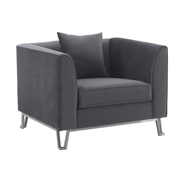 Armen Living Everest Gray Fabric Upholstered Sofa Accent Chair with Brushed Stainless Steel Legs