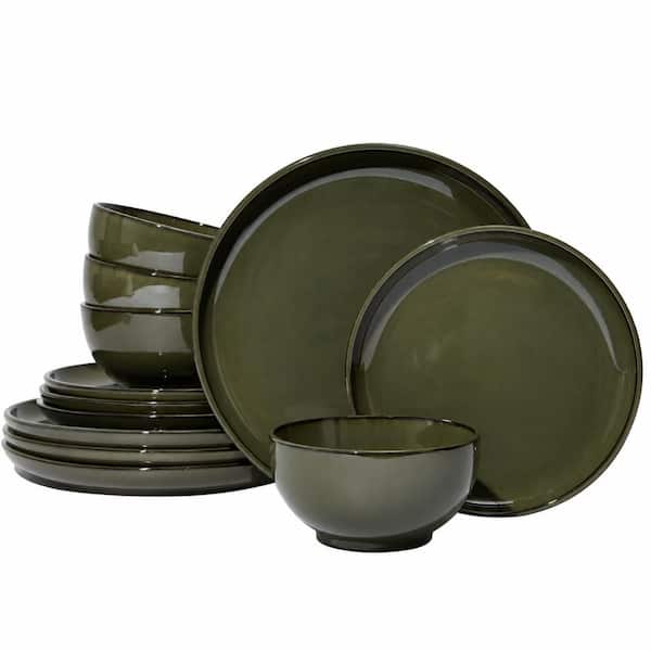 Terracotta Reactive Glaze Stoneware Dinnerware Set for 4, Microwave and Dishwasher Safe, Blackish Green
