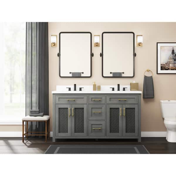 Home Decorators Collection Erinton 61 in. W x 22 in. D x 35 in. H Double Sink Freestanding Bath Vanity in White with White Engineered Stone Top