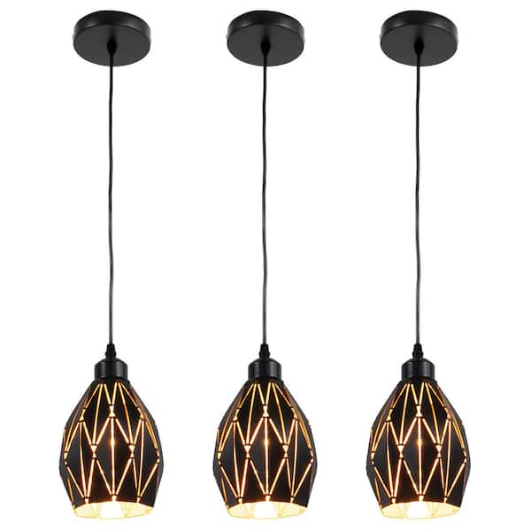 OUKANING 50-Watt 1-Light Black Modern Geometric Shaded Pendant Light for Dining Room Kitchen Island, No Bulbs Included (3-Pieces)