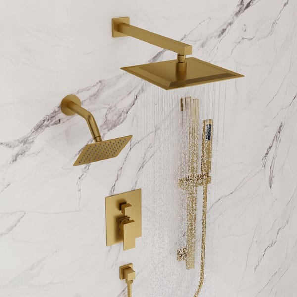 3-Spray 10 and 6 in. Wall Mount Dual Fixed and Handheld Shower Head with 2.5 GPM in Brushed Gold (Valve Included)