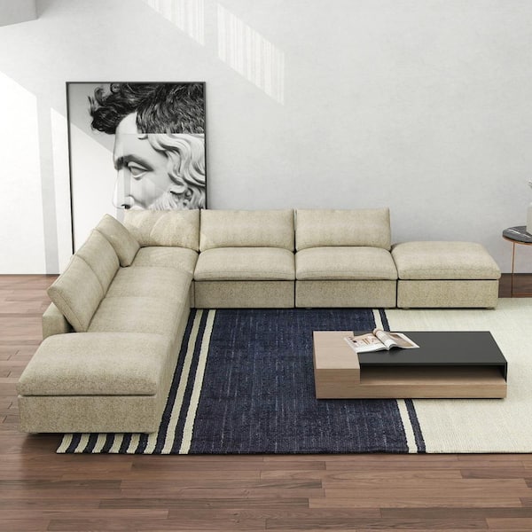 Magic Home 118 in. Square Arm 7-Piece Linen L-Shaped Modular Sectional Sofa Corner Rearrangeable Cloud Couch in Khaki