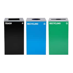 87 Gal. 3-Stream Black, Blue, Green Steel Commercial Trash Can and Recycling Bin Waste Station with Mixed Style Lids