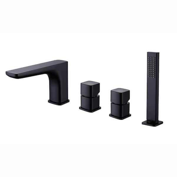 Tomfaucet 2-Handle Deck-Mount Roman Tub Faucet with Hand Shower in Matte Black