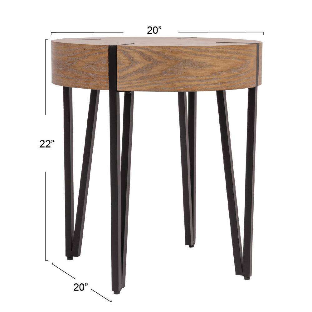 Natural Wood Round End Table with Black Metal Hairpin Legs