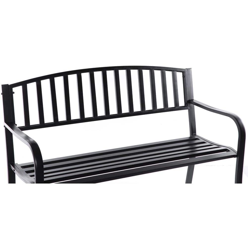Black Steel Garden Bench with Cast Iron Frame, 52"
