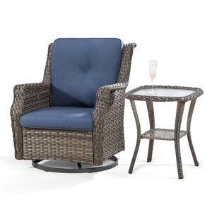 2-Piece Wicker Patio Swivel Rocking Chair Outdoor Bistro Set with Blue Cushions