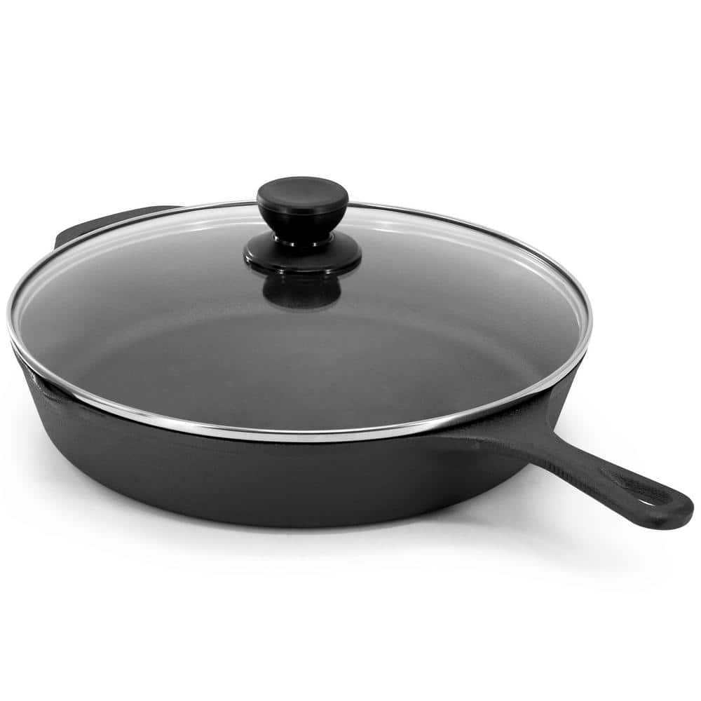 12 Inch Black Cast Iron Skillet with Glass Lid and Accessories