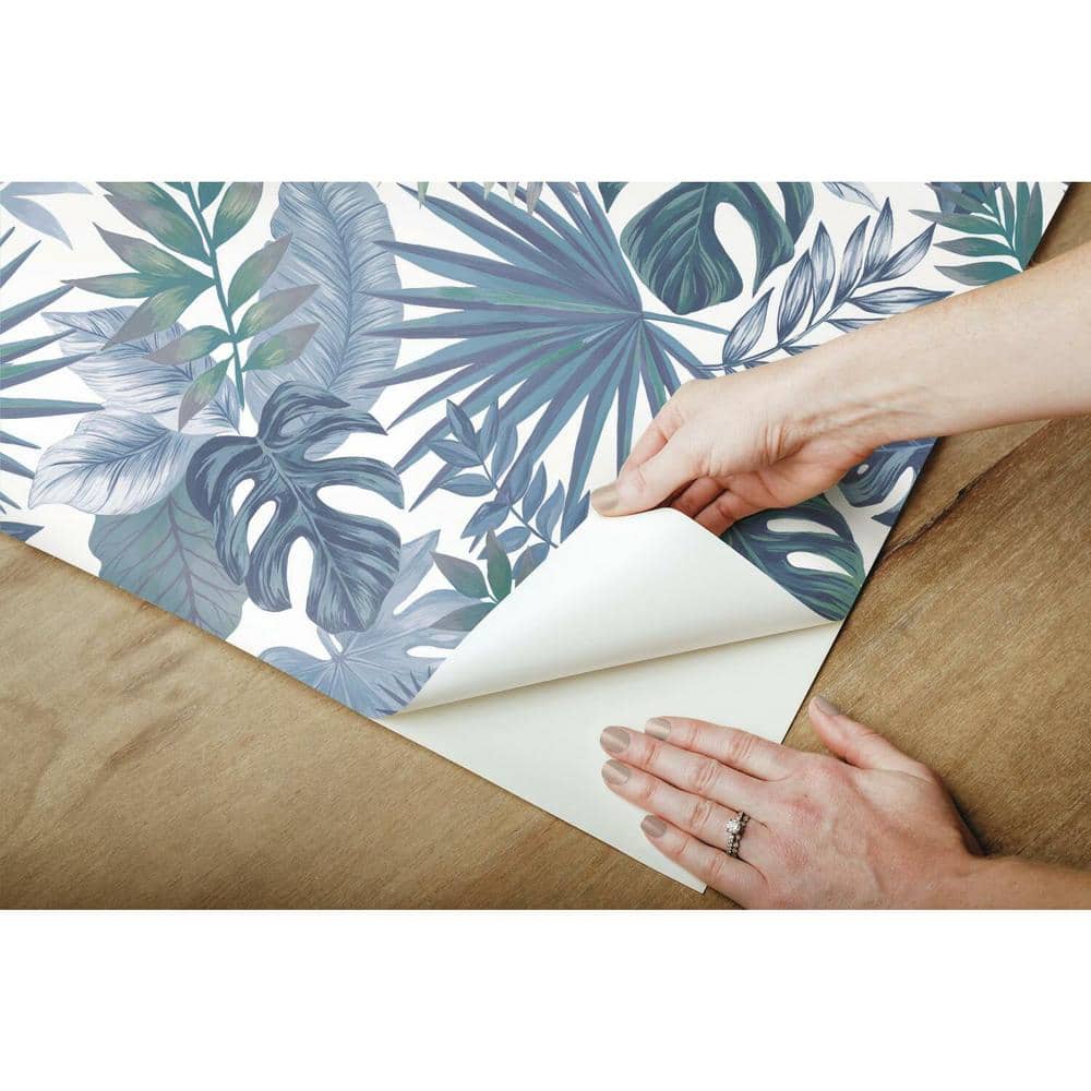 Blue and White Vinyl Palm Leaf Peel and Stick Wallpaper Roll